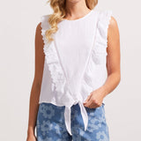 Sleeveless Tie Front Blouse with Lace- White