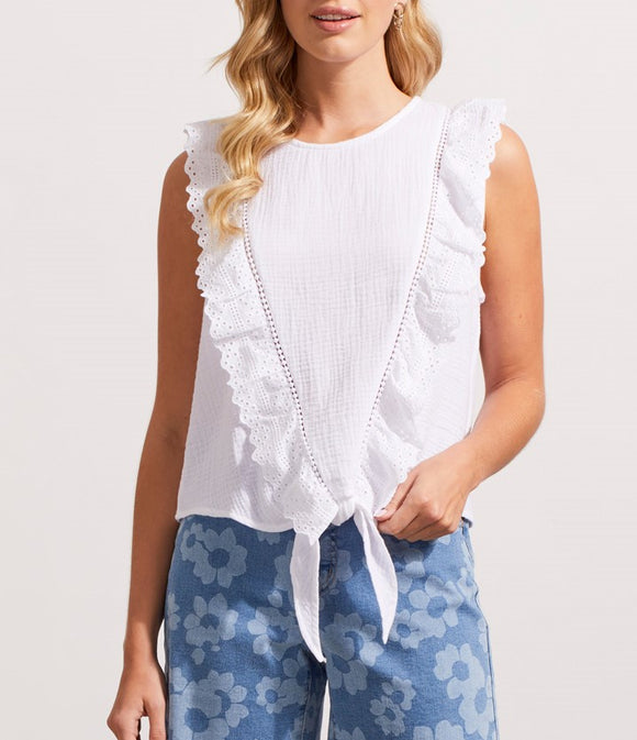 Sleeveless Tie Front Blouse with Lace- White