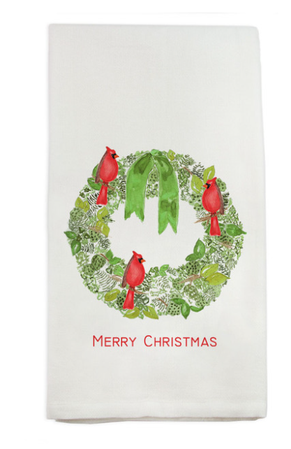 Green Wreath with Cardinal and Merry Christmas Dish Towel